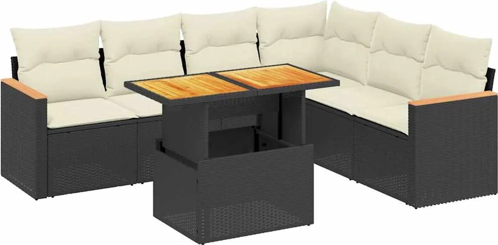 vidaXL 7 részes fekete polyrattan kerti ülőgarnitúra párnával