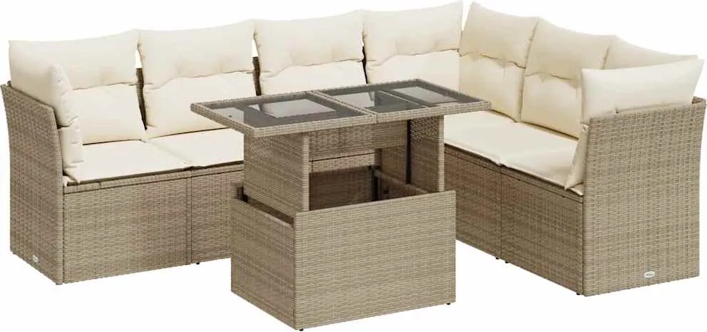 vidaXL 7 részes bézs polyrattan kerti ülőgarnitúra párnákkal