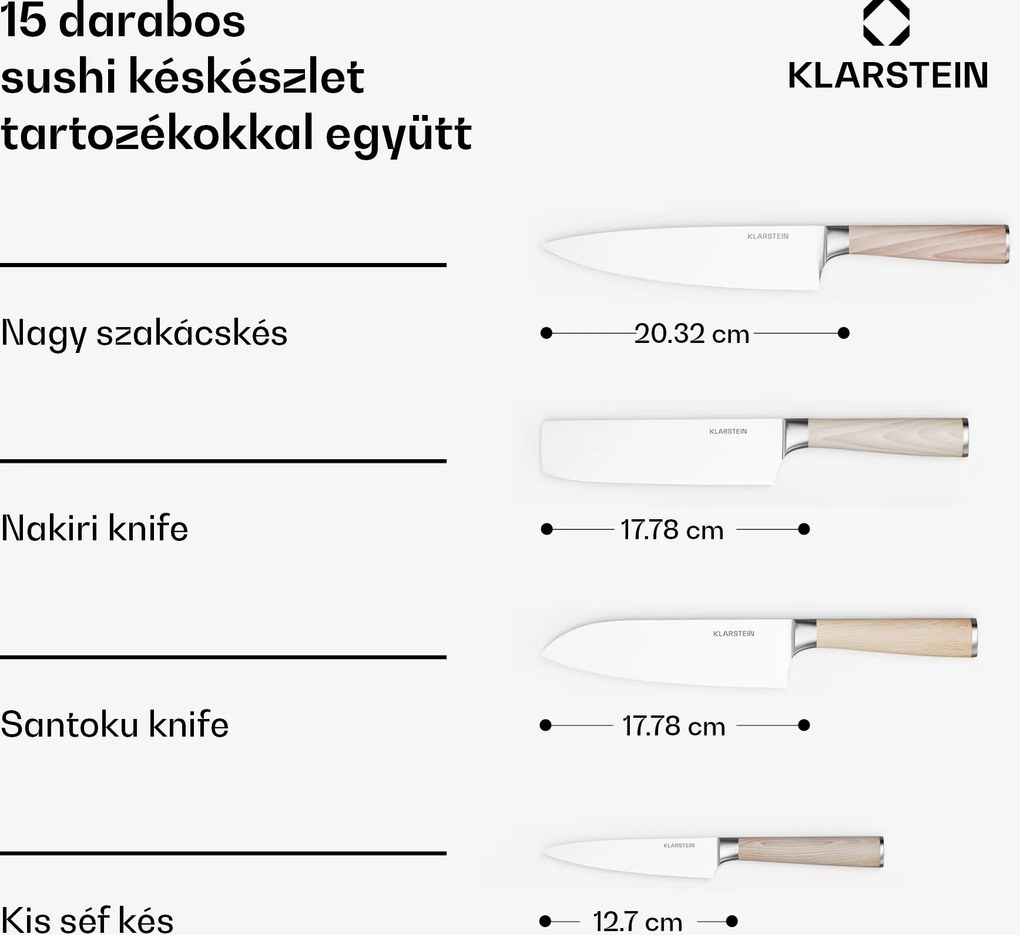 Klarstein Shibui sushi késkészlet, 15 darab, 4 kés praktikus tartozékkal