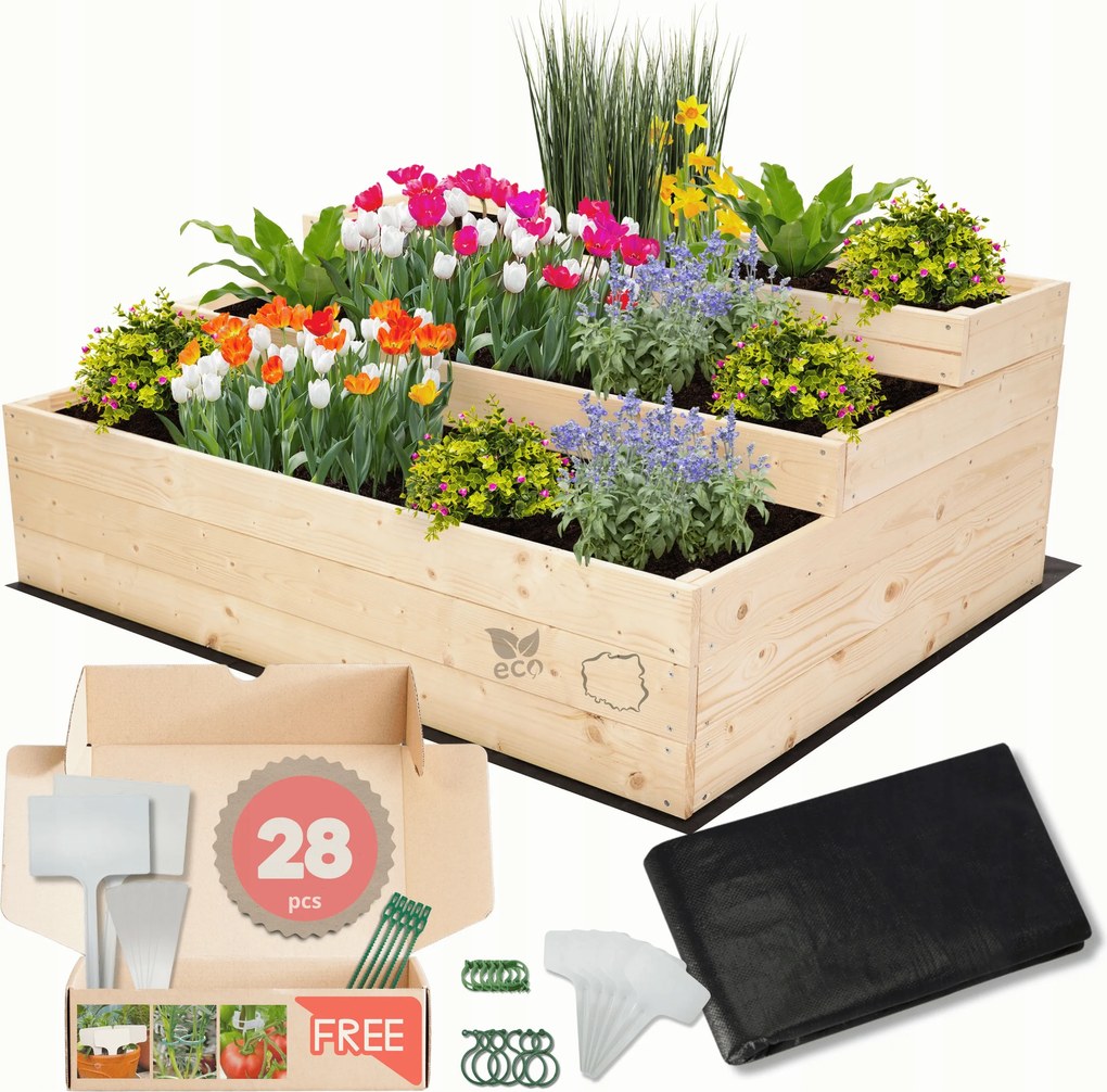 Magasított ágyás zöldséges fa emeletes virágtartó 45x120x90 öko