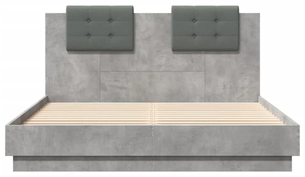 betonszürke ágykeret fejtámlával és LED-világítással 140x200 cm