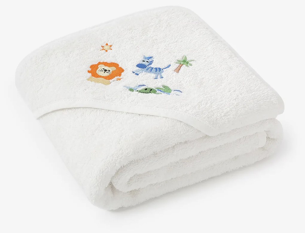 Goldea gyermek frottír fördőlepedő csuklyás - fehér alapon szafari 100 x 100 cm