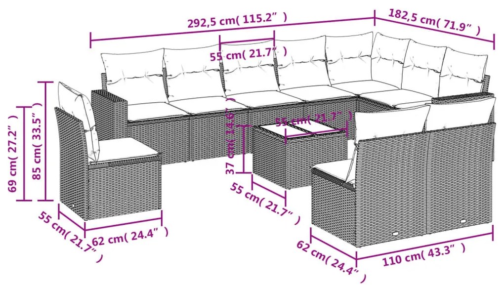 11 részes szürke polyrattan kerti ülőgarnitúra párnákkal