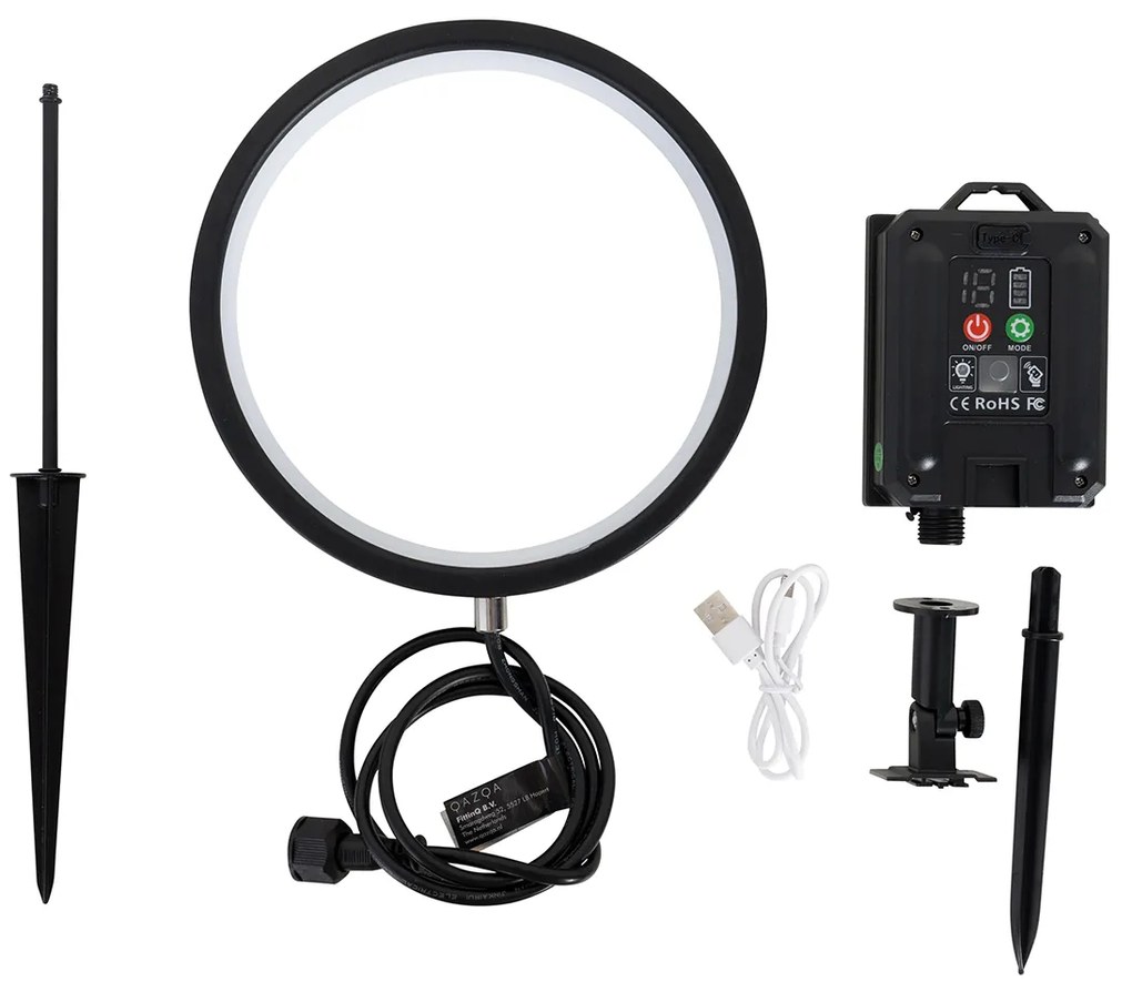 Tüskés lámpa fekete 50 cm, újratölthető és napelemes LED-del, IP65 - Adalind