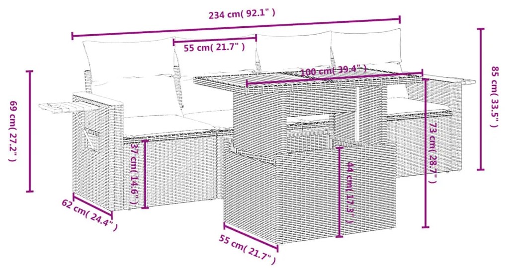 5 részes bézs polyrattan kerti ülőgarnitúra párnákkal