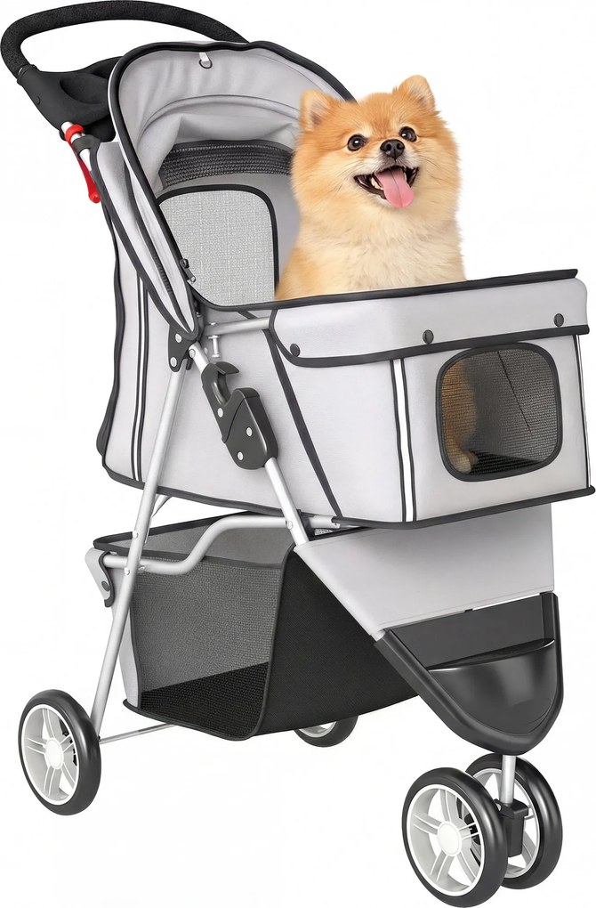 PawHut összecsukható kisállat-babakocsi, max. 10 kg, 3 kerekes, állítható napellenző, hálóablakok, pohártartó, EVA kerekek és fékek — világosszürke |