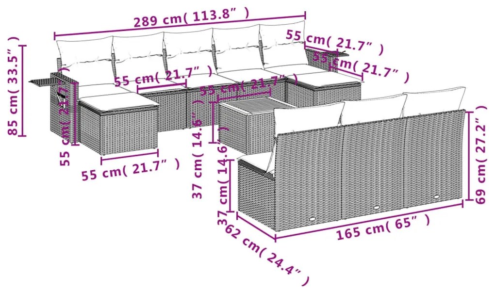 11 részes fekete polyrattan kerti ülőgarnitúra párnákkal