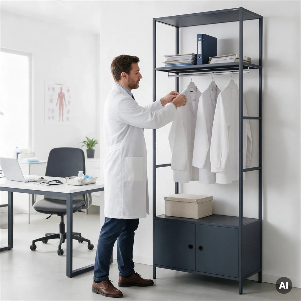 Irodai polc nyitott ruhaakasztó rúddal, recepcióra és váróterembe, fém, antracit, 800x2200x400 mm: ARIEL