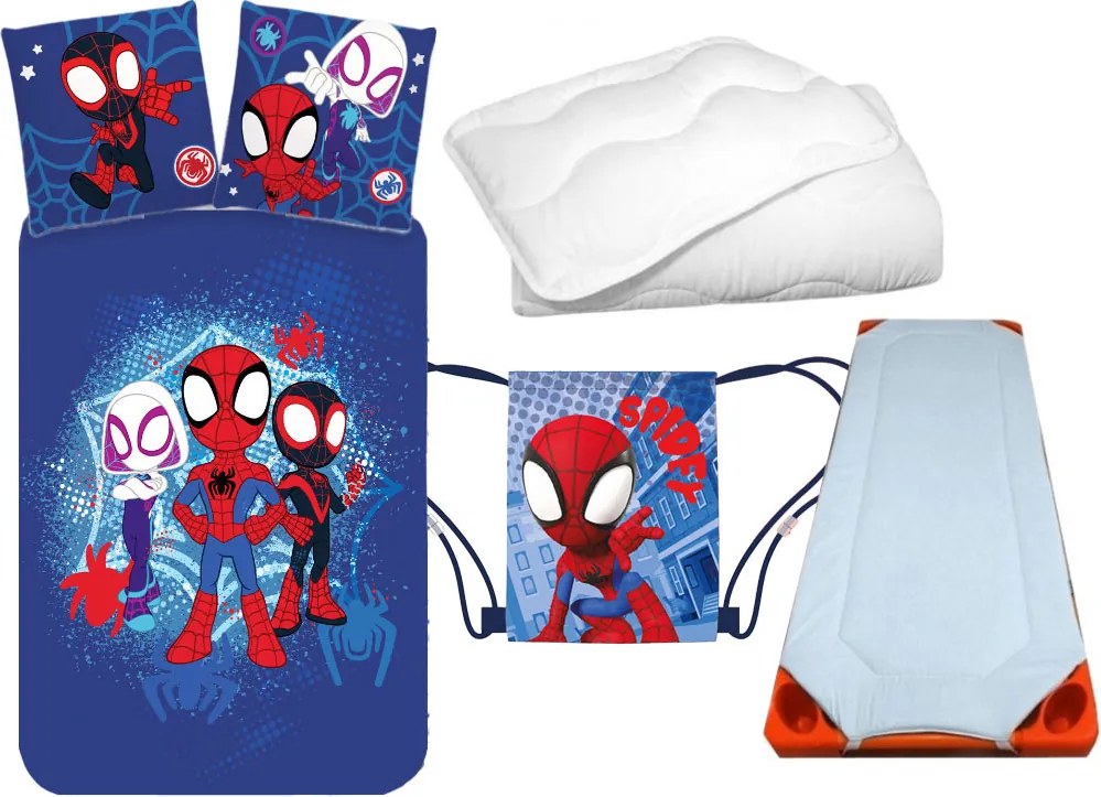 Pókember Spidey City Adventures gyerek, ovis ágyneműhuzat, derékalj, tornazsák és paplan/párna szett 100x135 cm 40x60 cm