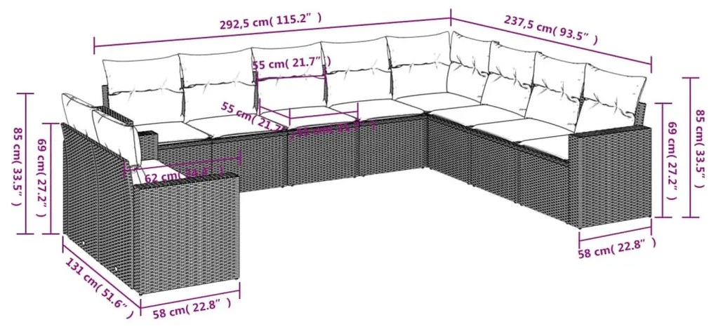 10 részes szürke polyrattan kerti ülőgarnitúra párnákkal