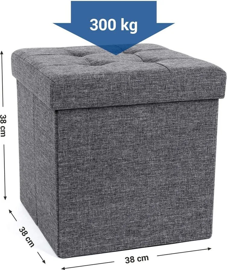 Összecsukható tárolópuff, 43 l, 38 x 38 x 38 cm, 300 kg statikus teherbírás, sötétszürke