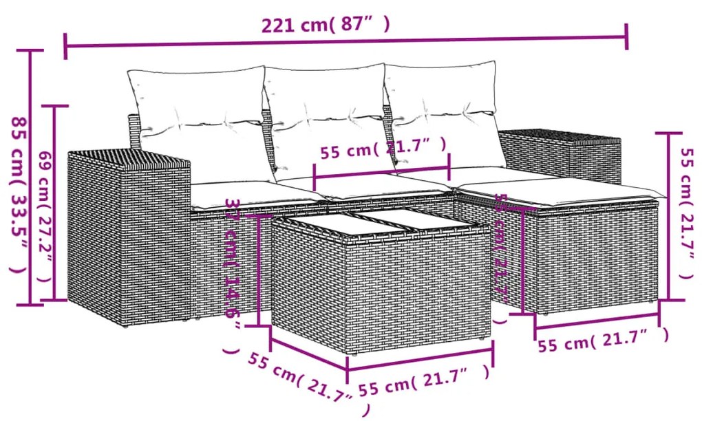 5 részes világosszürke polyrattan kerti ülőgarnitúra párnákkal