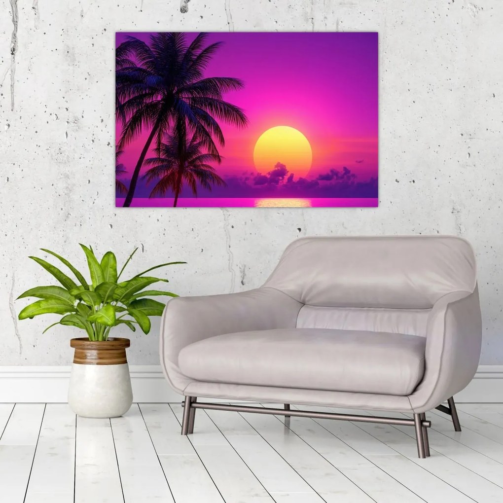 Kép - Lila naplemente pálmafával (90x60 cm)