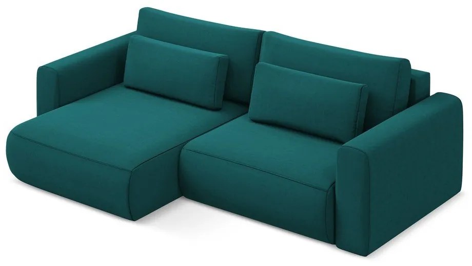 Türkiz bársony kinyitható-tárolóhelyes sarokkanapé (bal oldali-heverő résszel) Kapua – Makamii