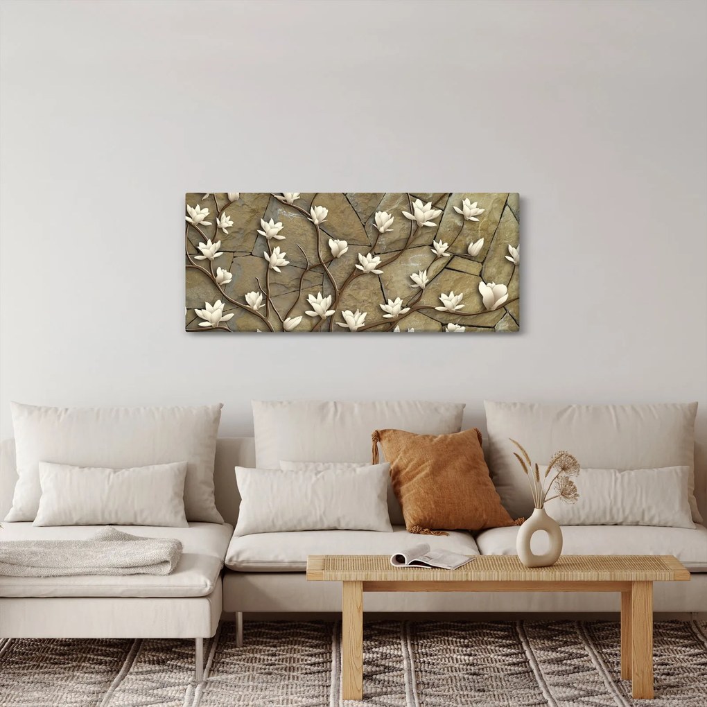 Kép - Fehér magnóliák kőfalazaton (120x50 cm)
