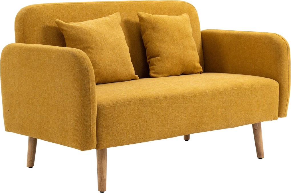 HOMCOM 2 Fős Kanapé, Kanapé 2 Dekoratív Párnával, Párnázott Kétfős Kanapé, Kárpit Bézs Hatású, Karfa, Kétfős Kanapé Nappaliba, Hálószobába, 130 x 70 x