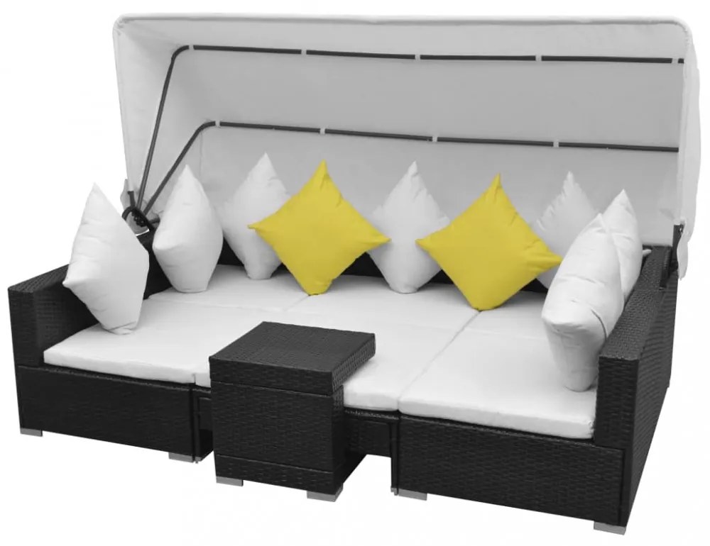 vidaXL 7 darabos fekete polyrattan kerti bútorszett napellenzővel