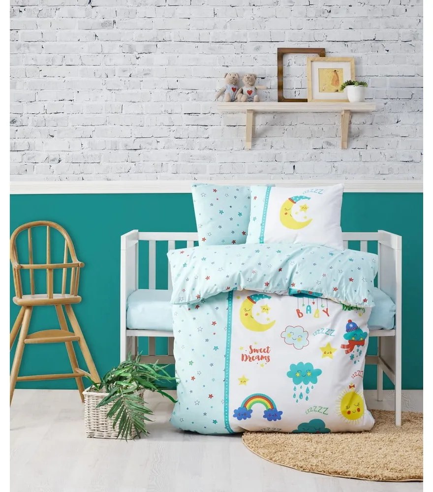 Fehér-mentazöld négyrészes renforcé pamut gyerek ágyneműhuzat babaágyhoz lepedővel 100x150 cm – Mijolnir