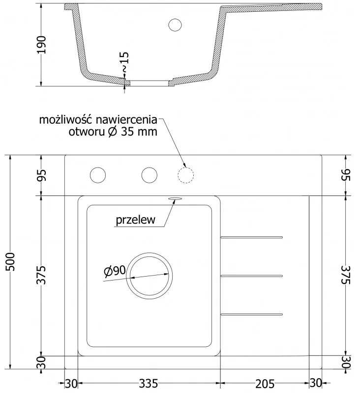 Mexen Ben, 1 kamrás gránit mosogató 600x500x190 mm, bal + króm szifon, fekete, 6522605000-77