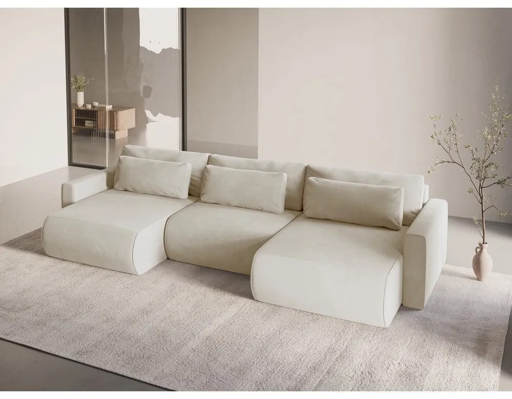 Bézs bársony kinyitható tárolóhelyes sarokkanapé (U alakú) Belfast – Cosmopolitan Design