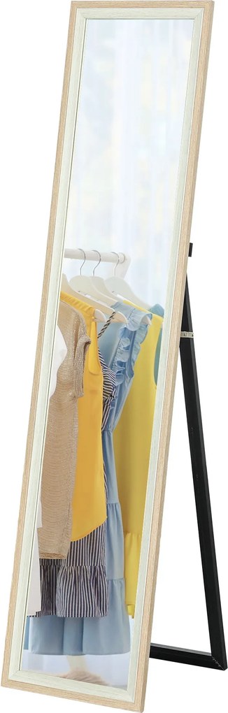 HOMCOM Teljes Falu Tükör 157x37 cm Álló vagy Falra Szerelhető Tükör MDF Keret és Állvány a Nappaliba és Hálószobába Fehér és Natúr | Aosom