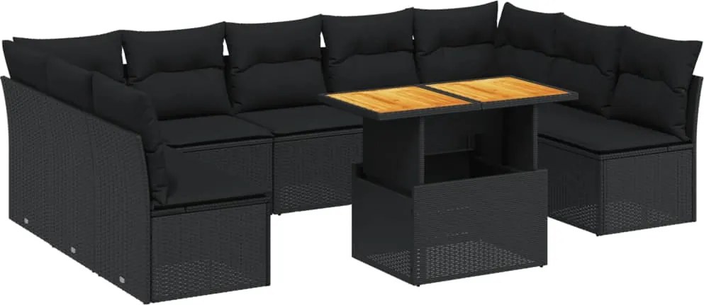 vidaXL 10 részes fekete polyrattan kerti ülőgarnitúra párnákkal