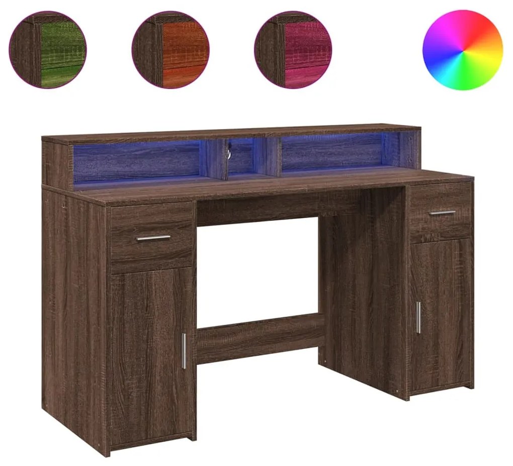 barna tölgy színű szerelt fa íróasztal LED-ekkel 140x55x91 cm