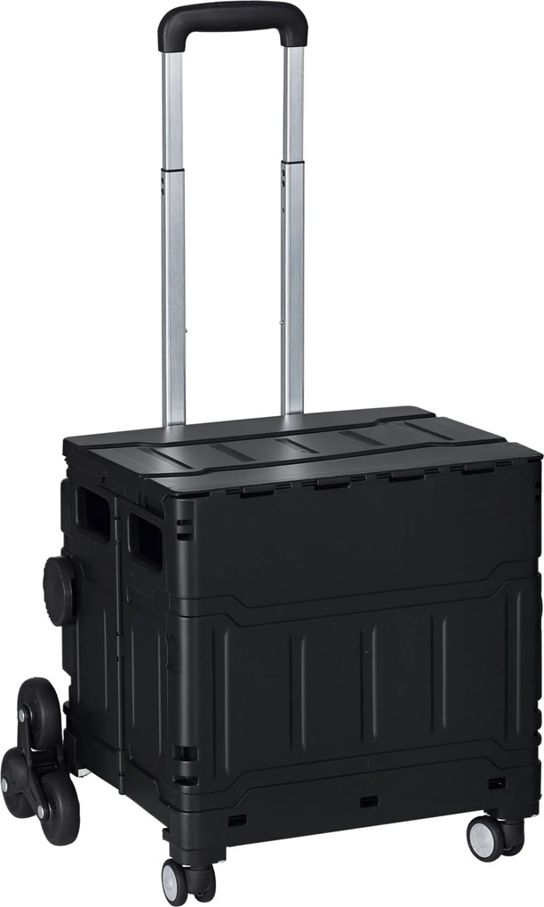 HOMCOM Összecsukható Bevásárlókocsi, Bevásárló Kocsi Állítható Telepítható Fogantyúval, Lépcsőmászó Fedéllel, Szállító Kocsi 80 kg Teherbírással, Feke