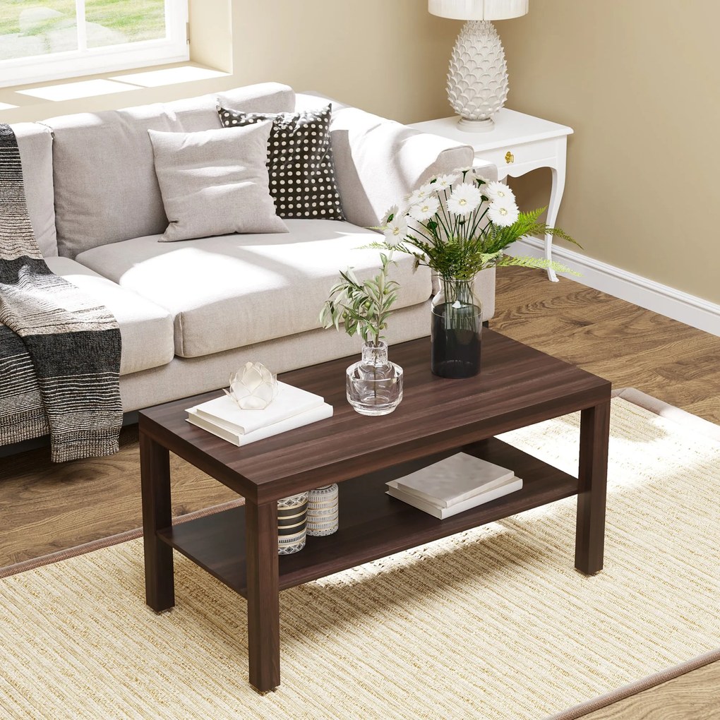 HOMCOM Modern Kávasztal 2 Tárolós Polccal Alacsony Teak asztal Nappaliba Irodába 20 kg Teherbírás 90x45x44.5 cm Dió | Aosom
