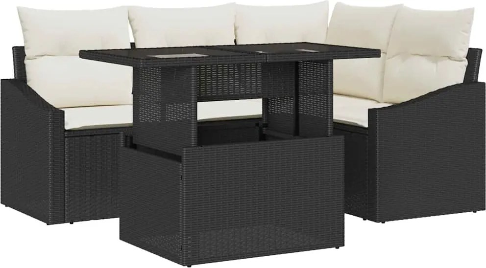 vidaXL Kerti Kanapé Szett párnával 5 pcs Fekete és Krém polirattan