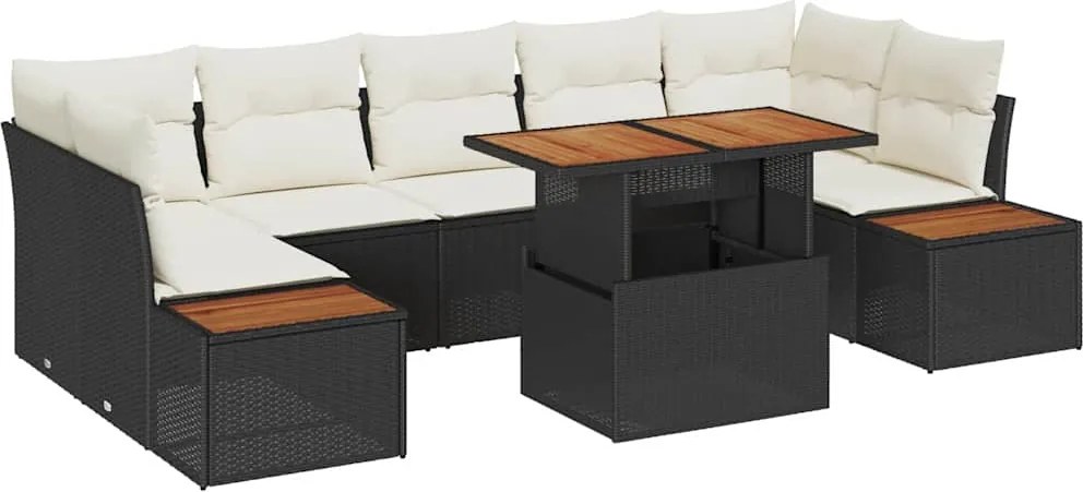 vidaXL Kerti Kanapé Szett tárolóval 8 pcs Fekete Poli rattan