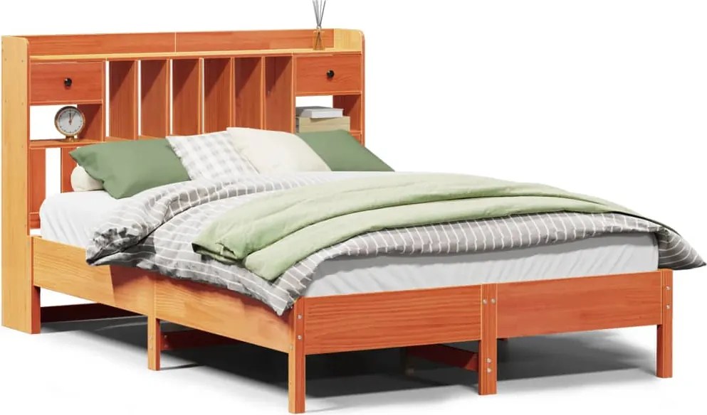 vidaXL barna tömör fenyőfa könyvespolcos ágy matrac nélkül 135 x 190cm