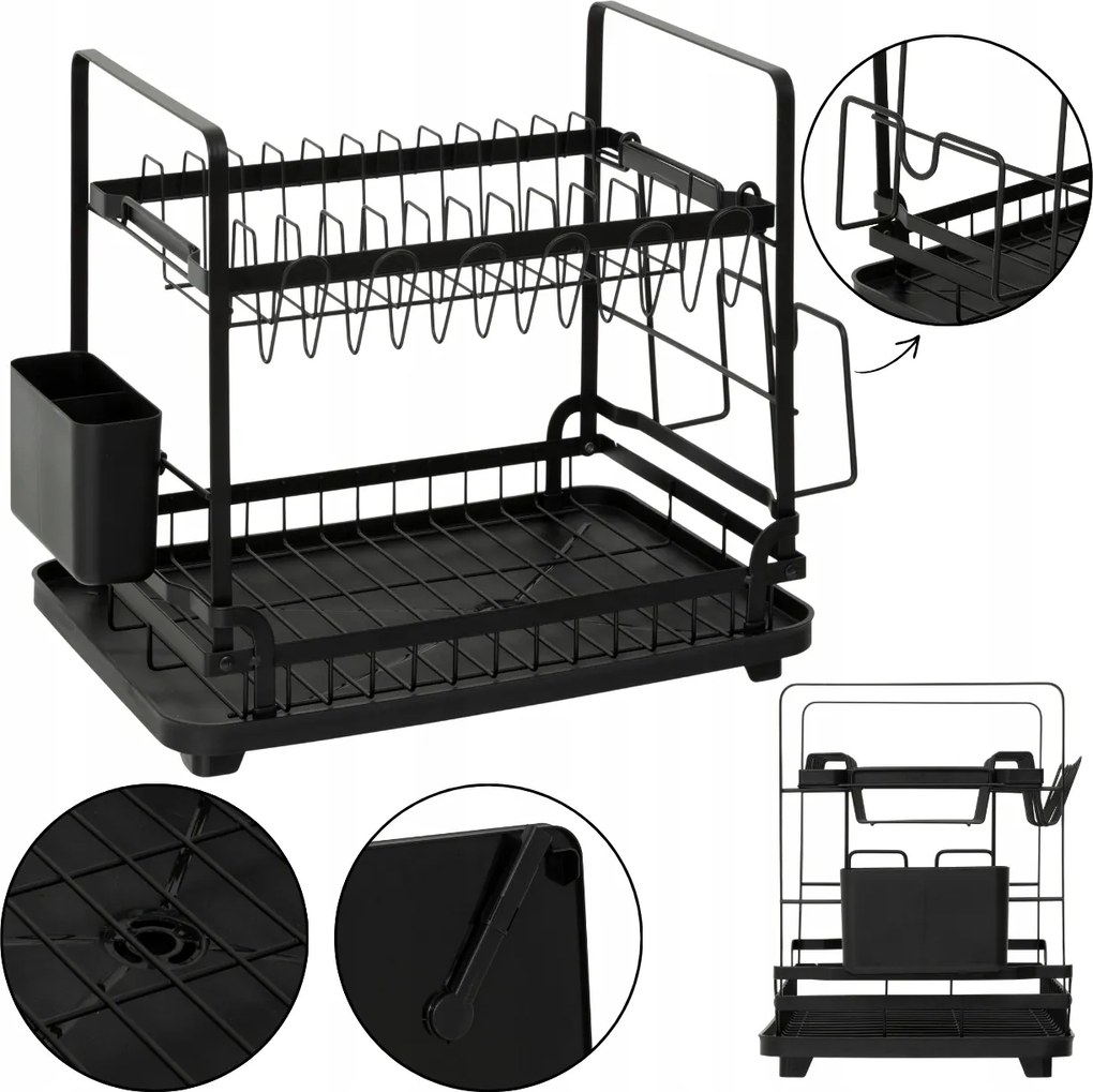 Edényszárító 2 szintes Fekete 49,5 cm-es csepegtető pultra szerelhető szekrényhez