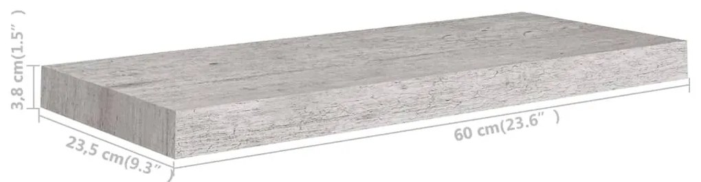 4 db betonszürke MDF lebegő fali polc 60 x 23,5 x 3,8 cm