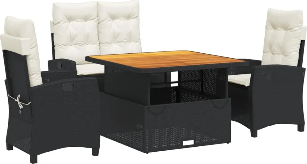 vidaXL 4 részes fekete polyrattan kerti étkezőszett párnákkal