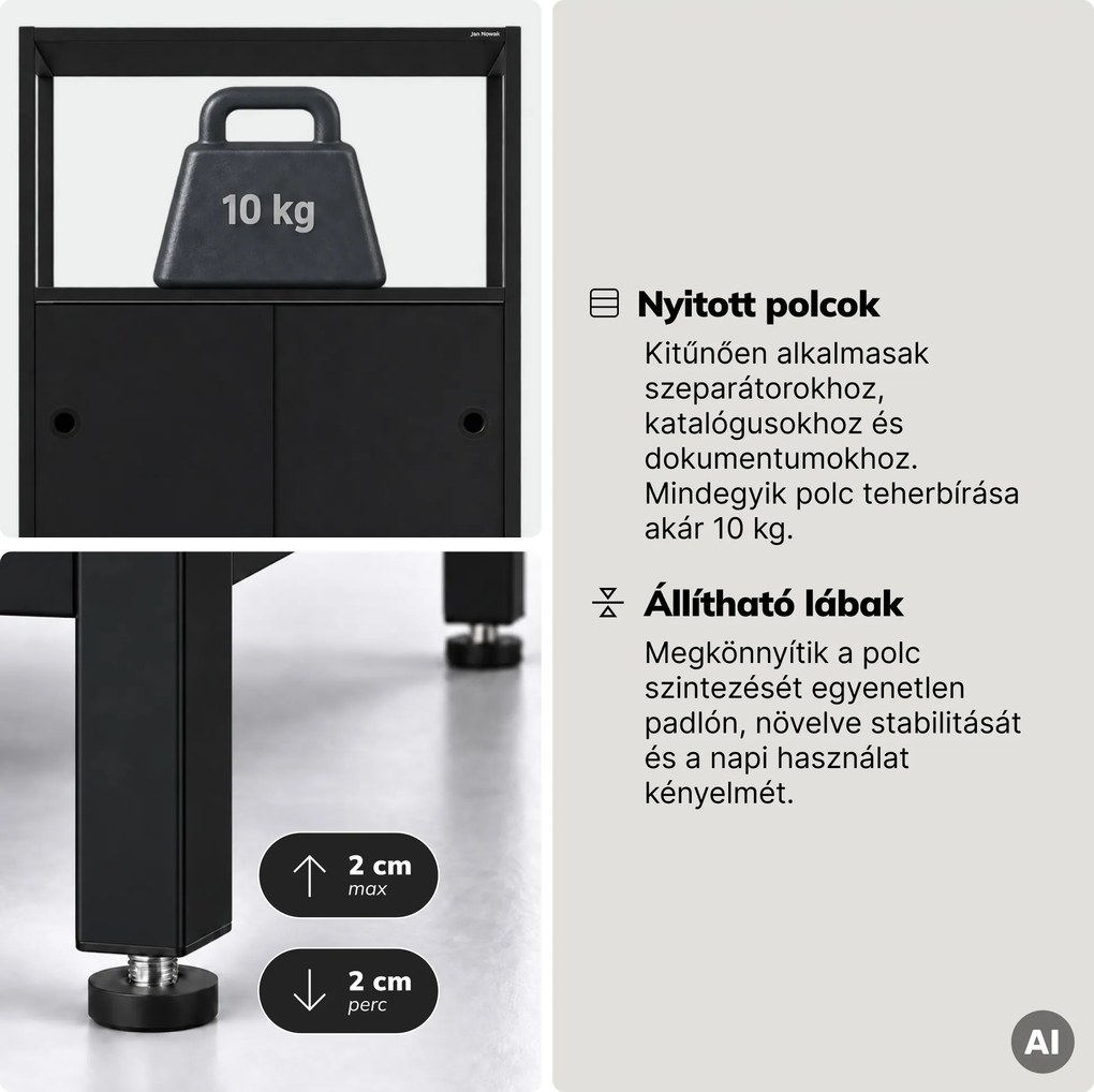 Iratrendező polc zárható szekrénnyel, irodai, nyitott polcok, fém fekete, 800x2200x400 mm: ARIEL
