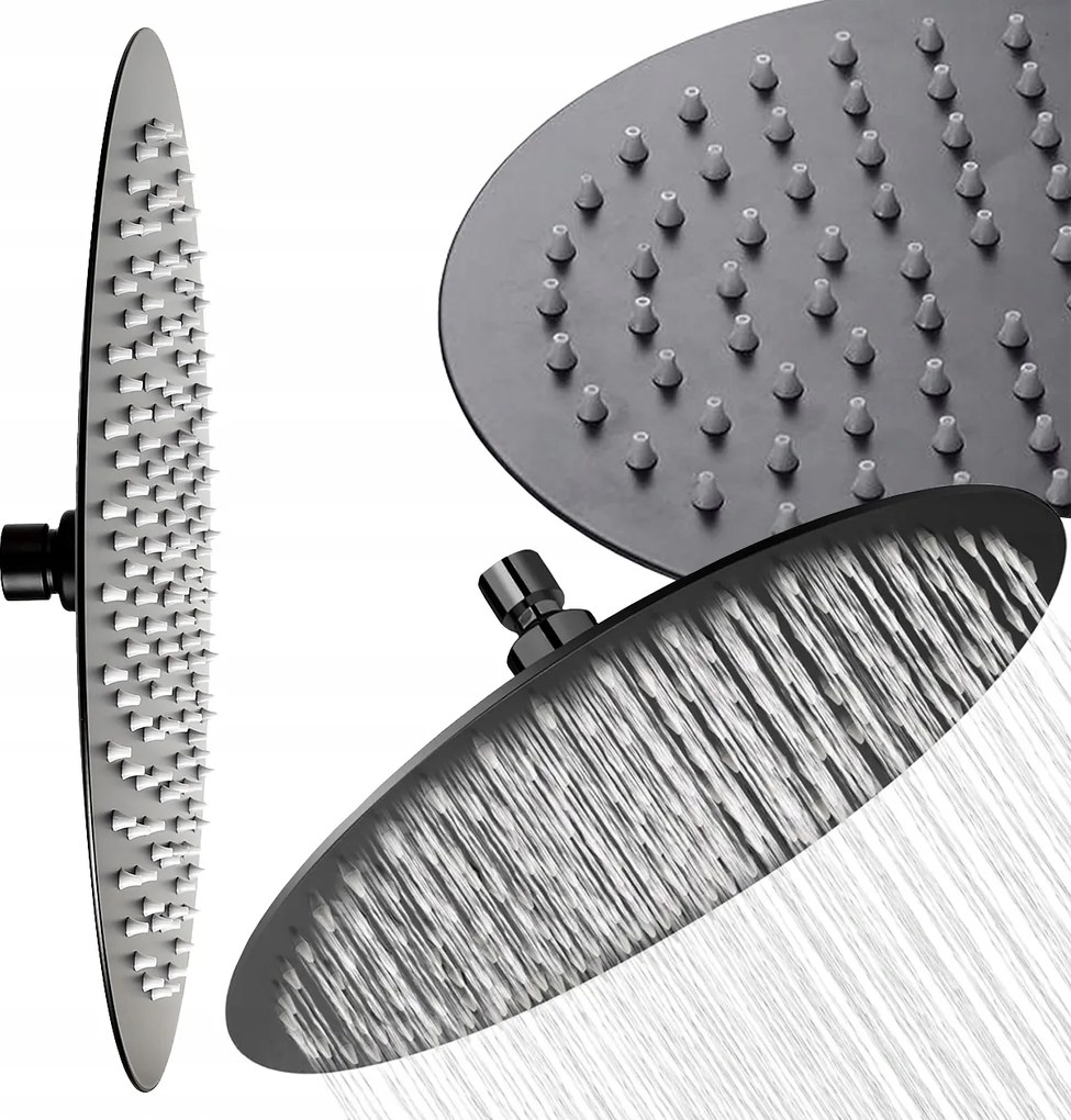 Esőztető Zuhanyfej Acél Vékony Kerek Slim Zuhany Fekete 30CM