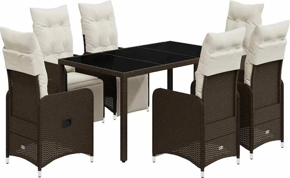 vidaXL 7 részes barna polyrattan kerti bisztrógarnitúra párnákkal