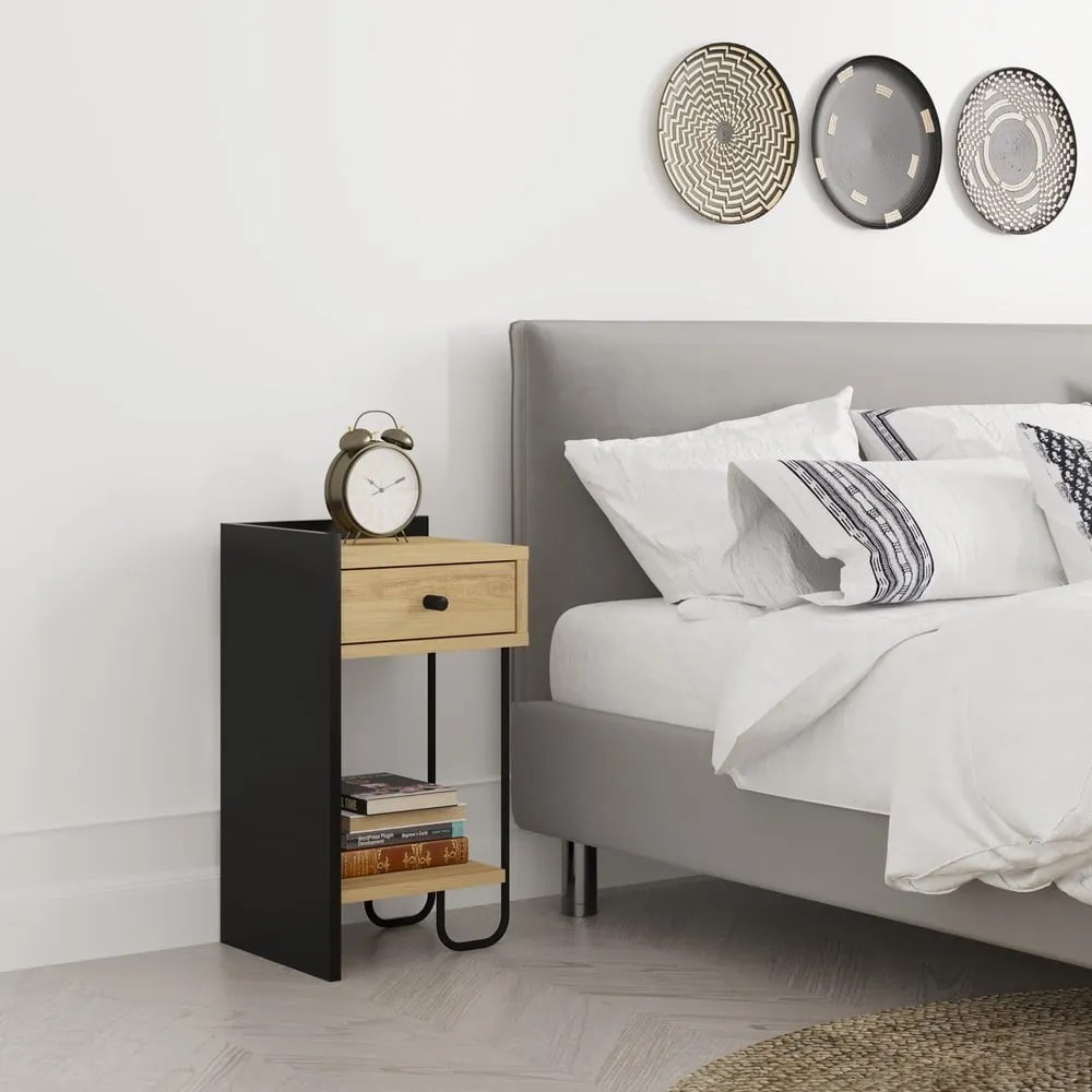 Fekete-natúr színű éjjeliszekrény tölgyfa dekorral Mercure – Marckeric