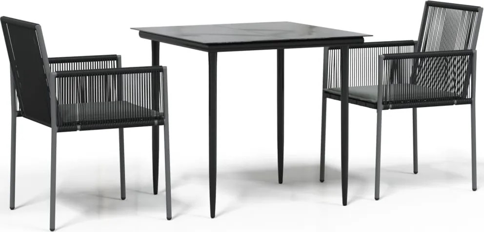 vidaXL 3 részes fekete polyrattan és acél kerti étkezőszett párnákkal