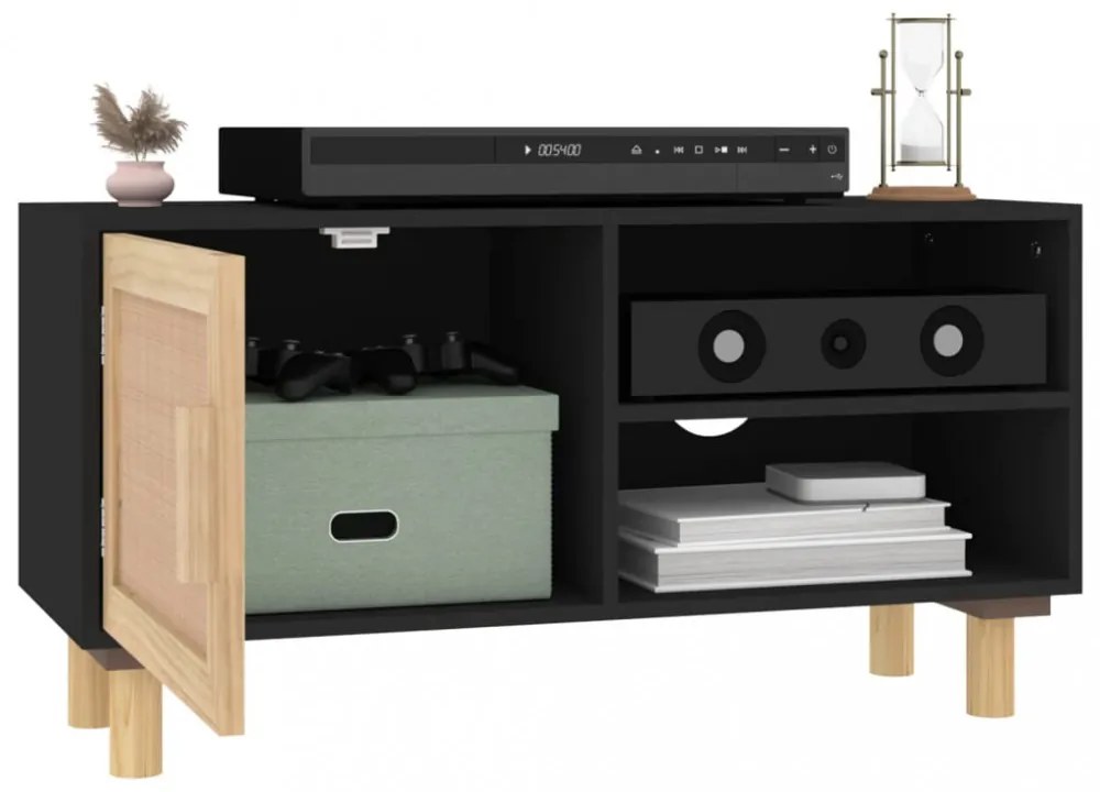 fekete fenyőfa és természetes rattan TV-szekrény 80x30x40 cm