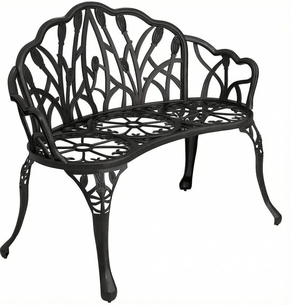 Outsunny 2 személyes öntött alumínium időjárásálló kerti pad, tulipán háttámla és virágmotívum, perforált erkélypad, teherbírás 240 kg – 99 x 57 x 78