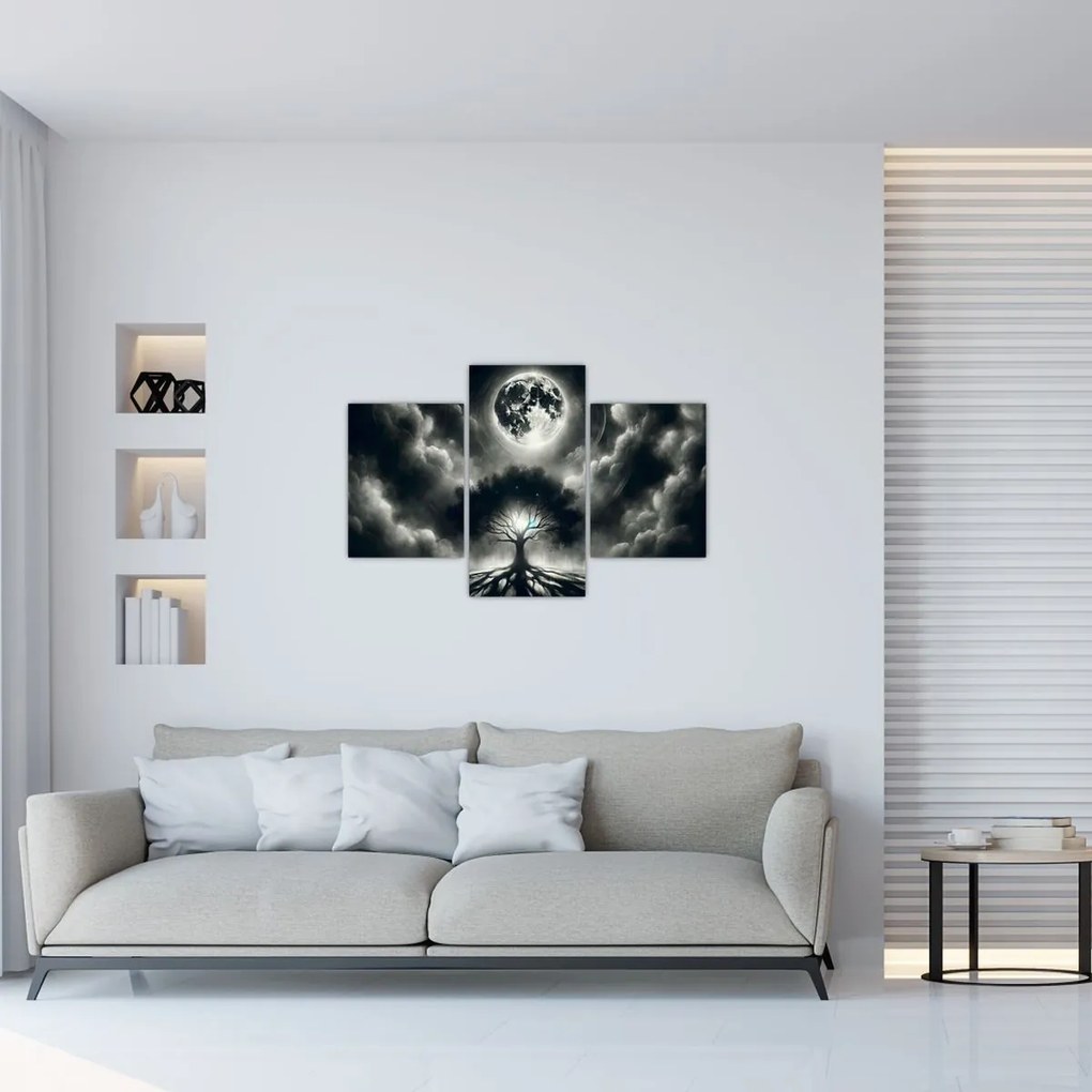 Kép – Fekete-fehér fa teliholdban (90x60 cm)
