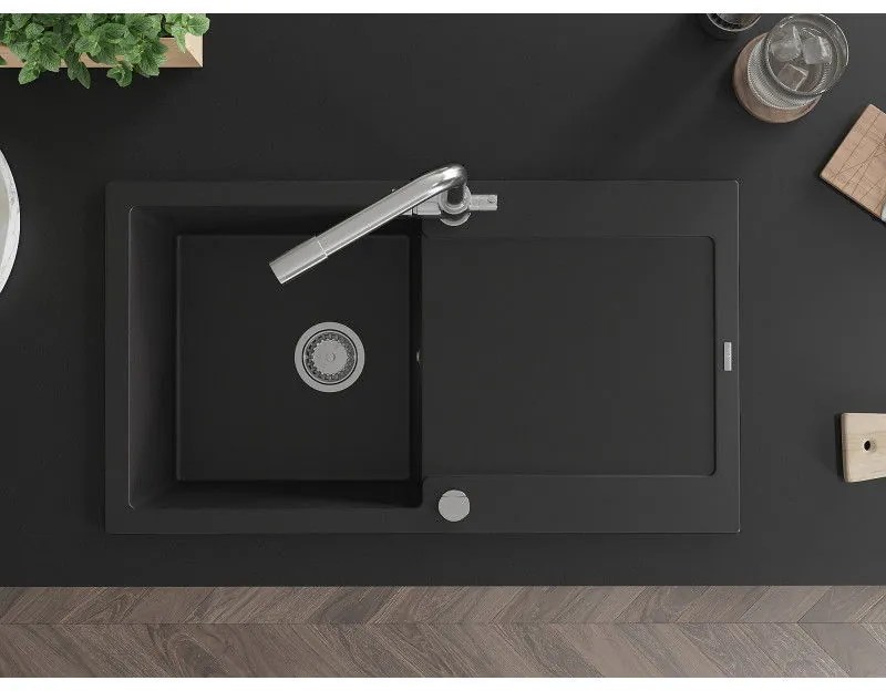Mexen Leo, gránit mosogató 900x500x190 mm, 1 kamrás és Duero króm csaptelep, fekete, 6501-77-671600-00