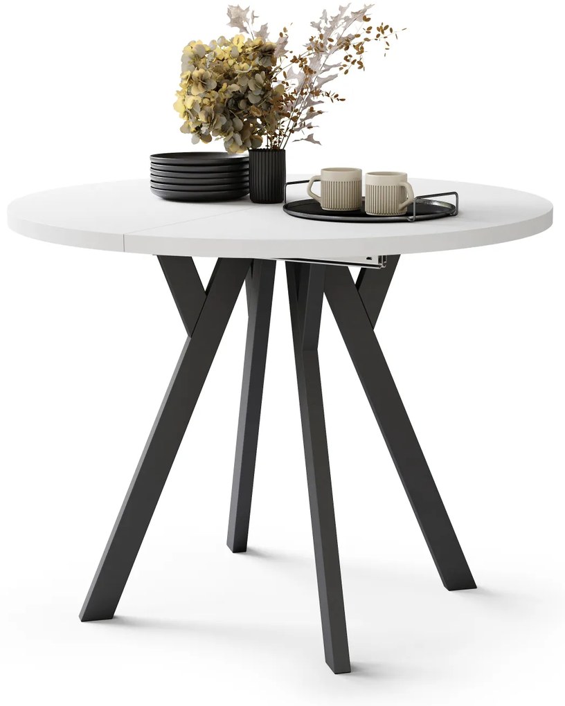 Mazzoni ALMO Fehér Matt/fekete lábak - BŐVÍTHETŐ KEREK ASZTAL Y ALAKÚ LÁBAKKAL LOFT/IPARI STÍLUSÚ NAPPALIBA/ÉTKEZŐBE
