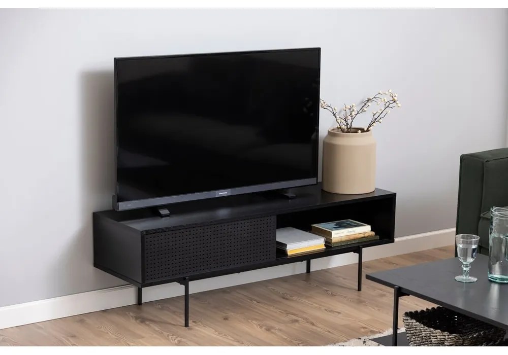 Fekete TV-állvány kőrisfa dekorral 140x45 cm Angus – Actona