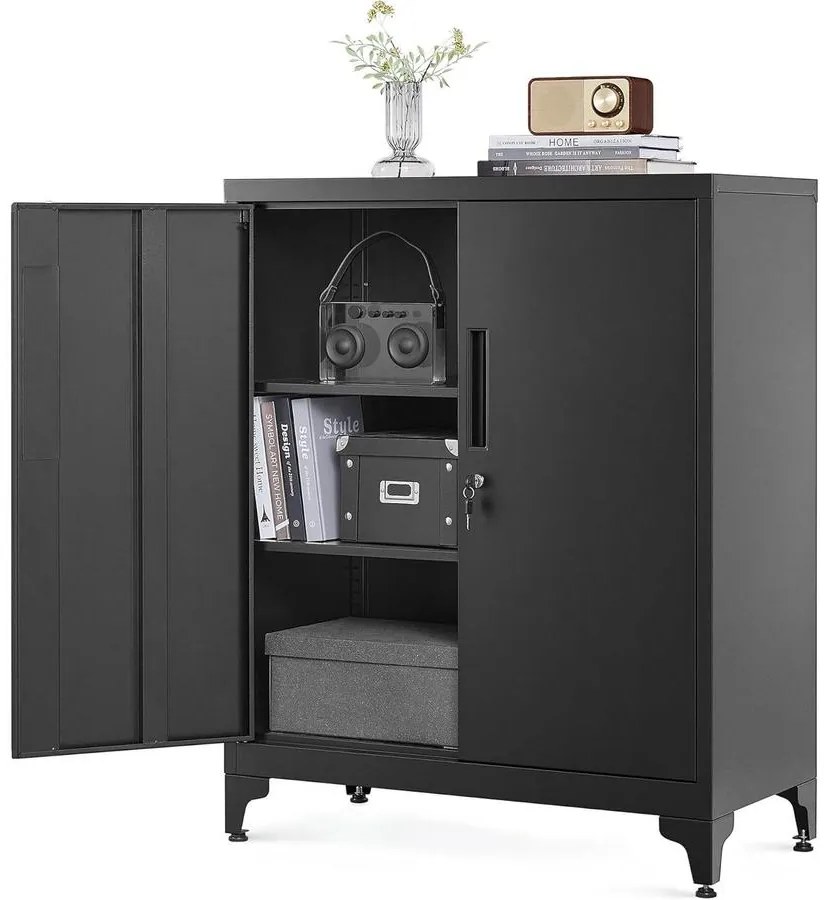 Iratszekrény, többfunkciós garázsszekrény, irodai szekrény 2 ajtóval fekete színben