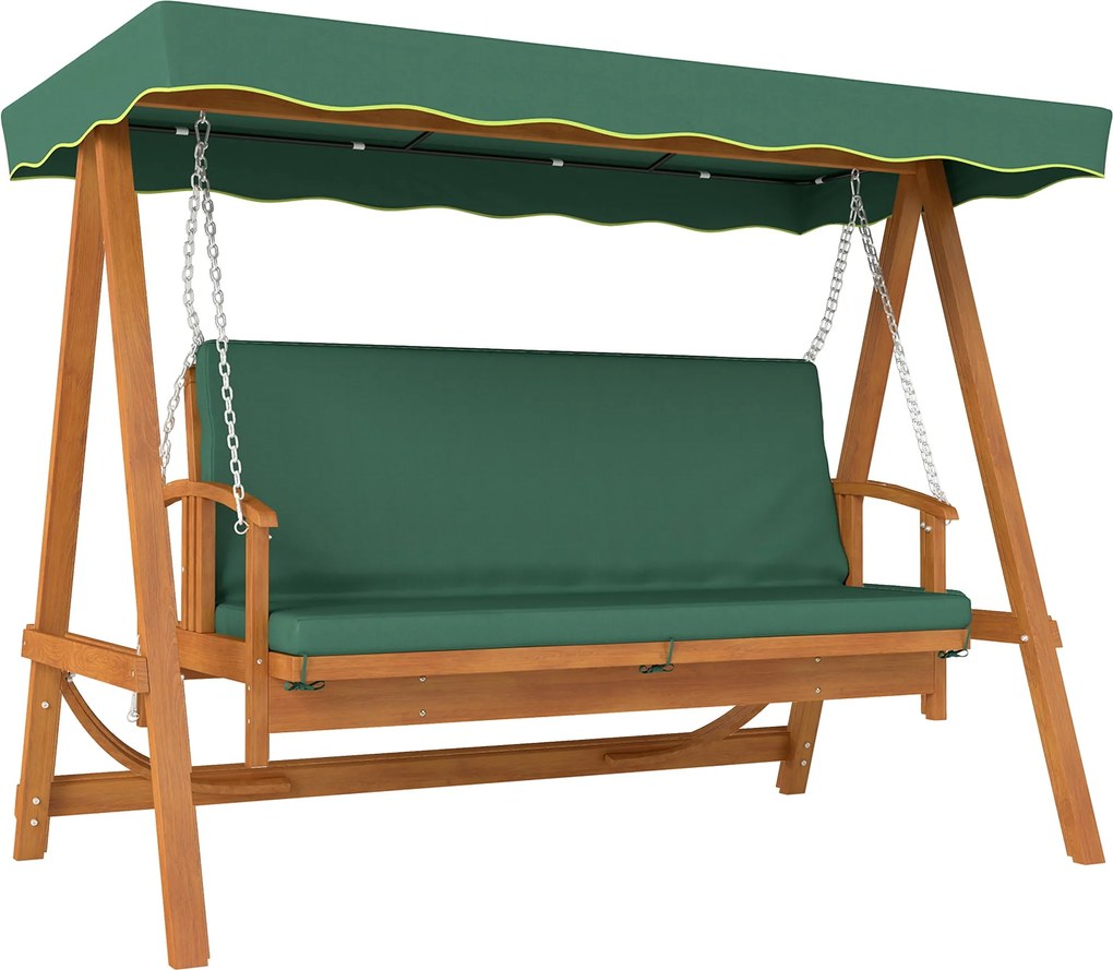 Outsunny 2 az 1-ben Hollywoodi hintaágy dönthető funkcióval, 3 személyes bárányhinta fából, fa hinta napernyő ülőpárnával, hinta pad 330 kg-ig, kertbe