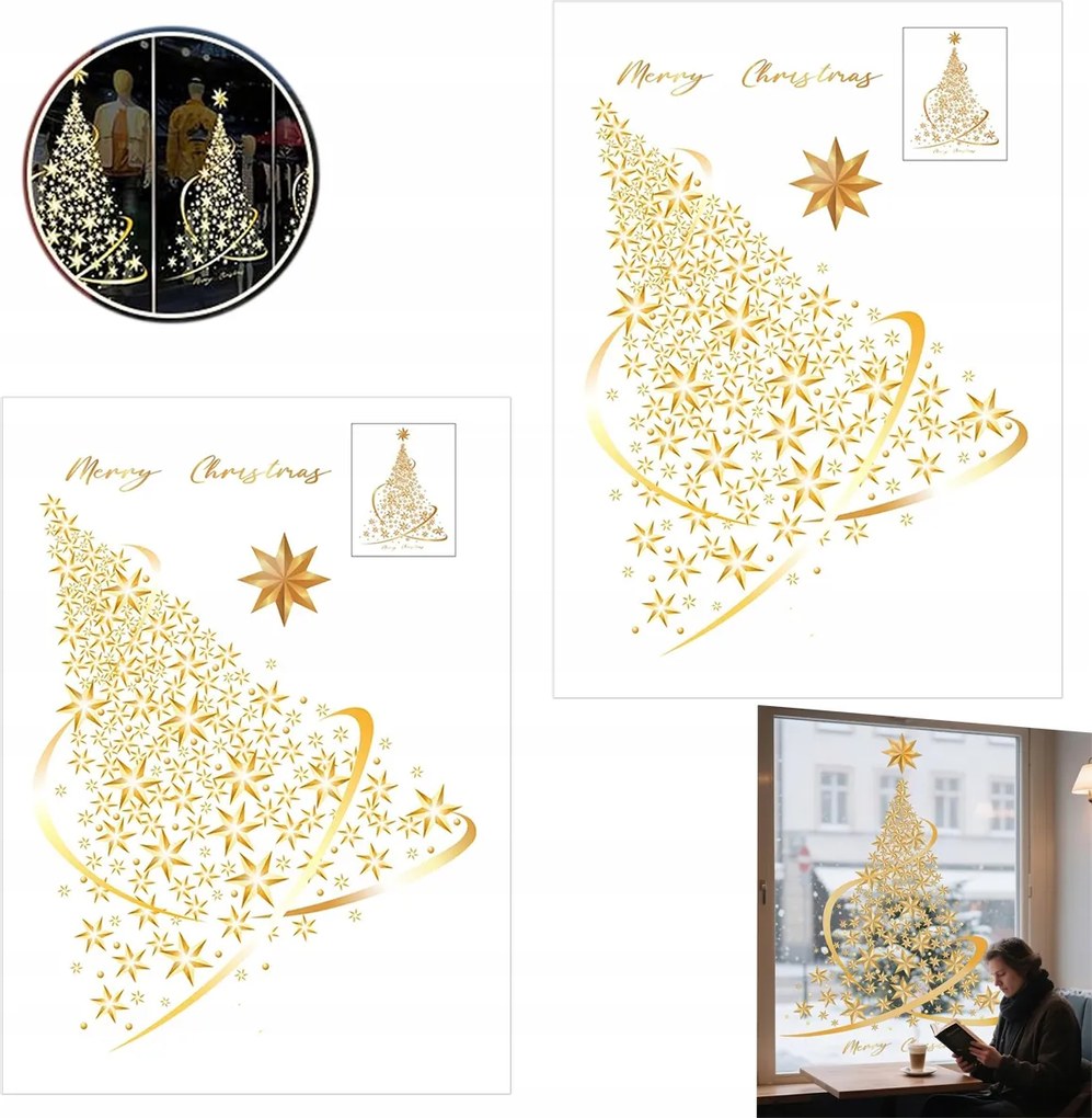 Karácsonyfa alakú ablakmatricák üvegre Arany Statikus matricák 2db