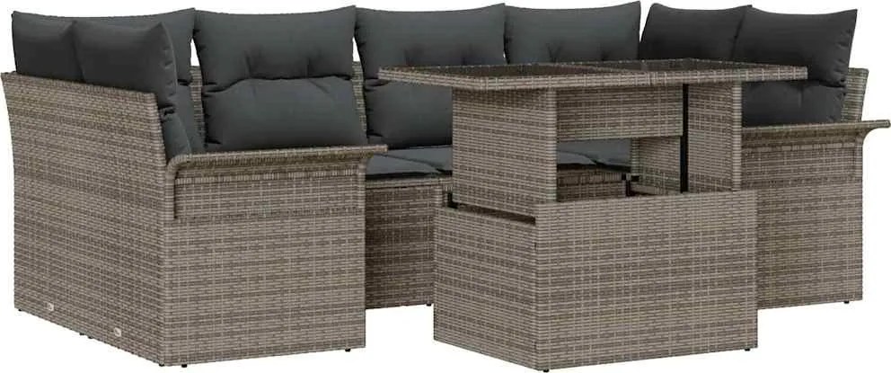 vidaXL Kerti Kanapé Szett párnával tárolóval 7 pcs Szürke Poly Rattan